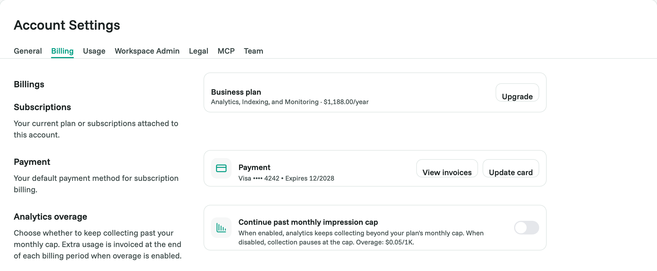 The Billing page, showing the current plan, payment method and subscription