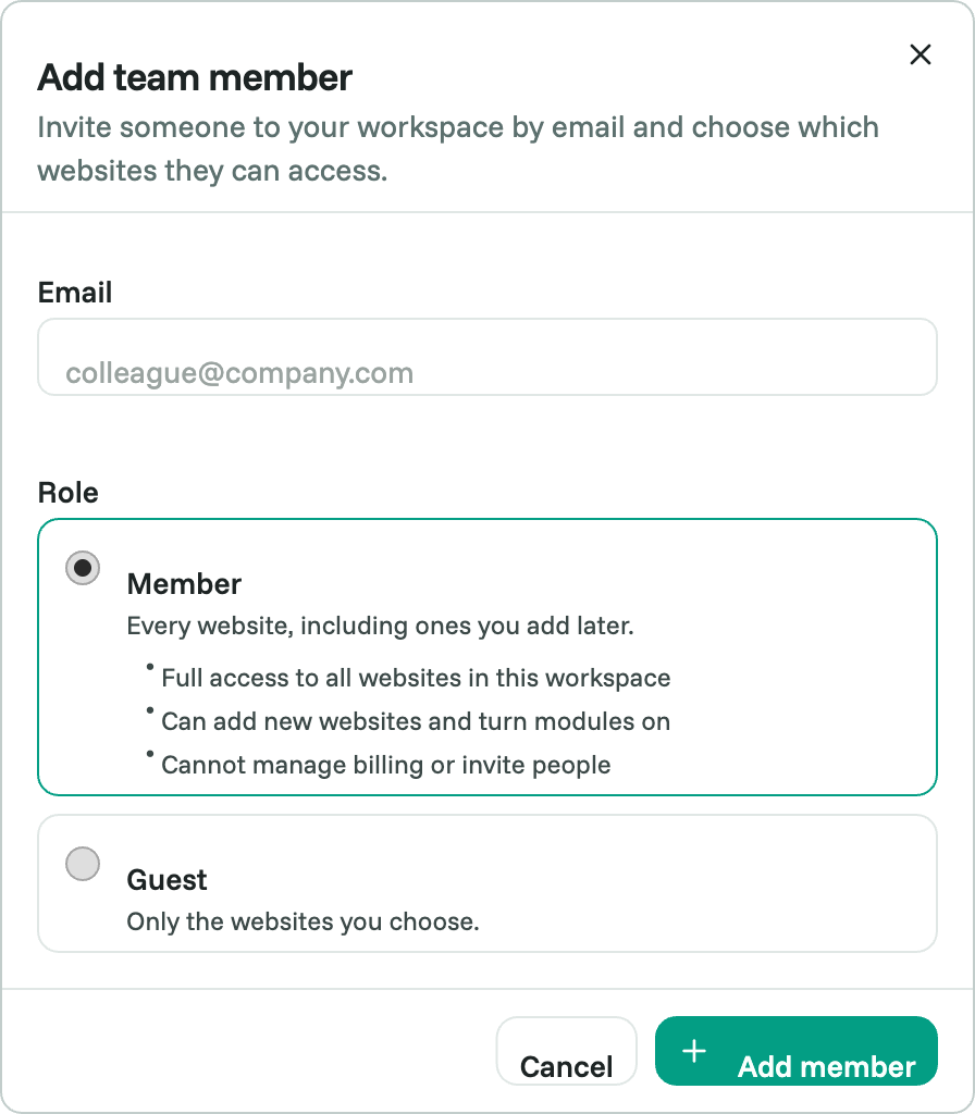 The Add member dialog, with an email field and the Member and Guest roles