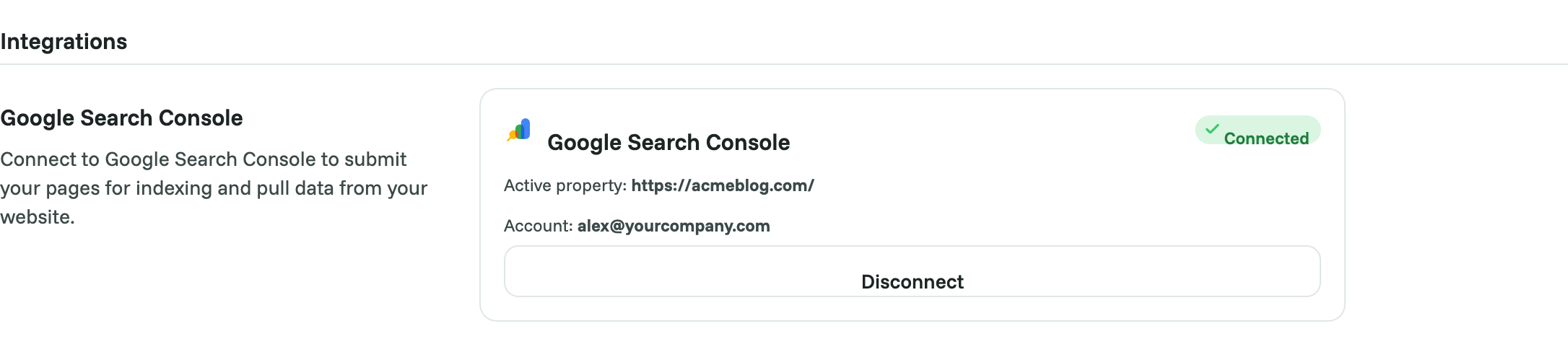 The Google Search Console card in Settings, showing the active property and the connected Google account