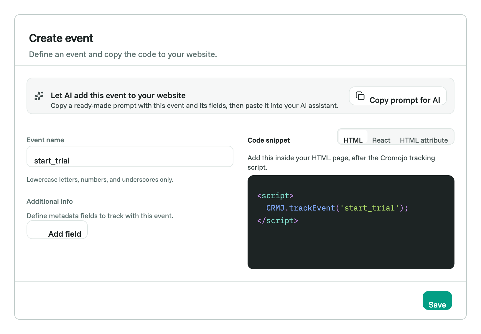 The Create event dialog with the event name start_trial