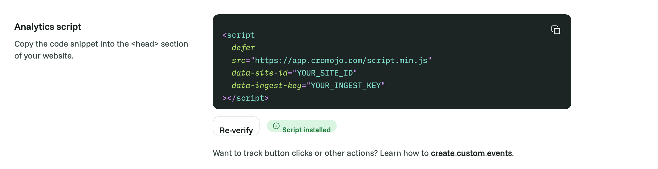 Settings > Analytics after verifying, showing Script installed