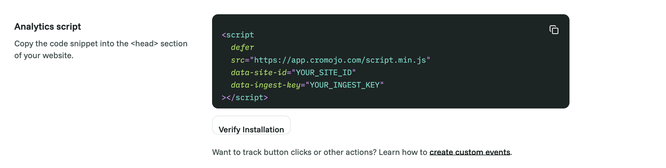 The Analytics script section in Settings > Analytics, with the copy icon