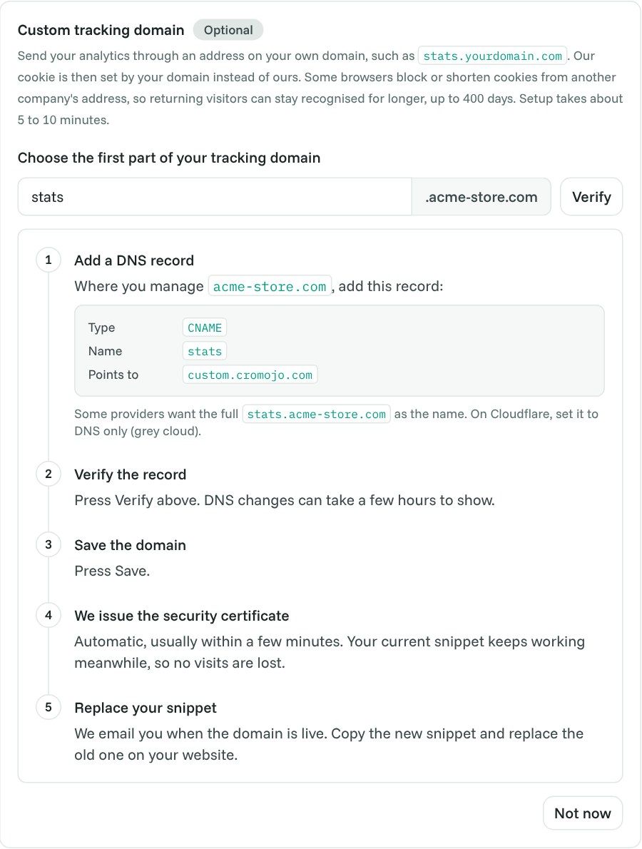 The Custom tracking domain setup: the domain field, the CNAME record to add, then verify, save, certificate and snippet