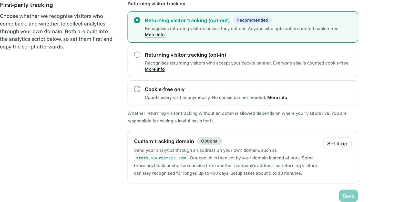 First-party tracking in Site Settings, Analytics: the three Returning visitor tracking options and the optional Custom tracking domain