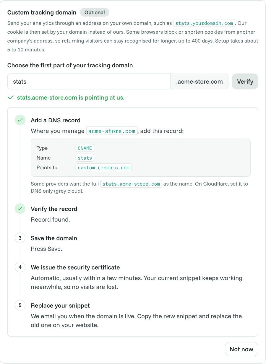 The record is verified: the first two steps are ticked and Save the domain is next