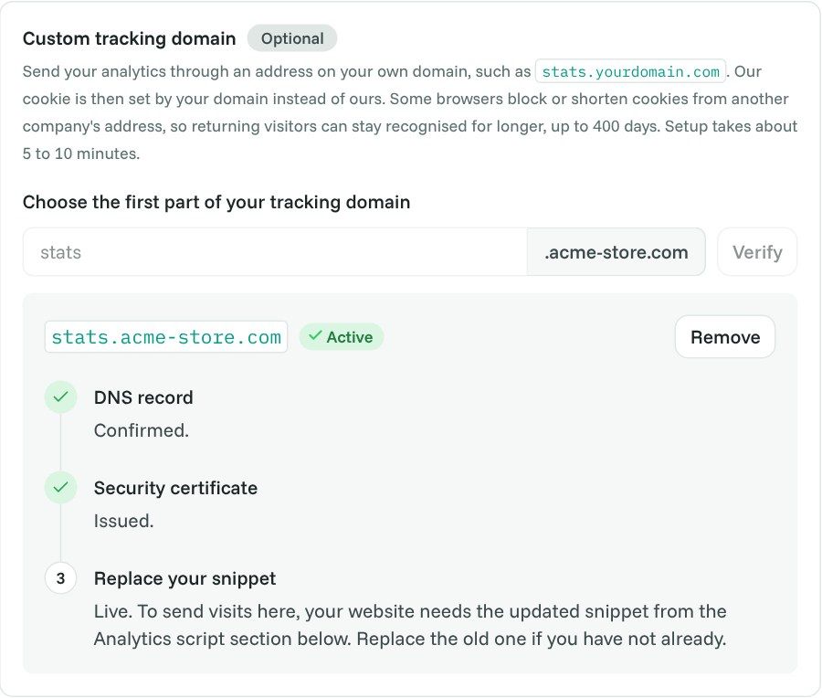 The custom tracking domain box once live: both steps ticked and the badge says Active