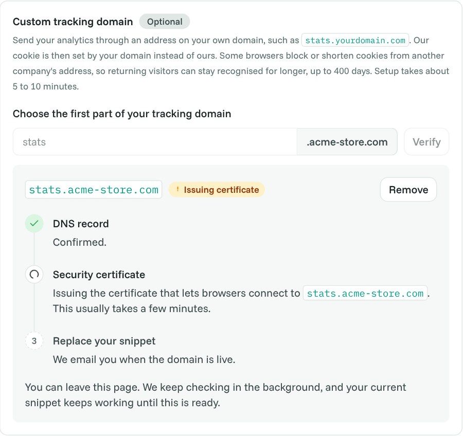 The custom tracking domain box: DNS record confirmed, security certificate being issued