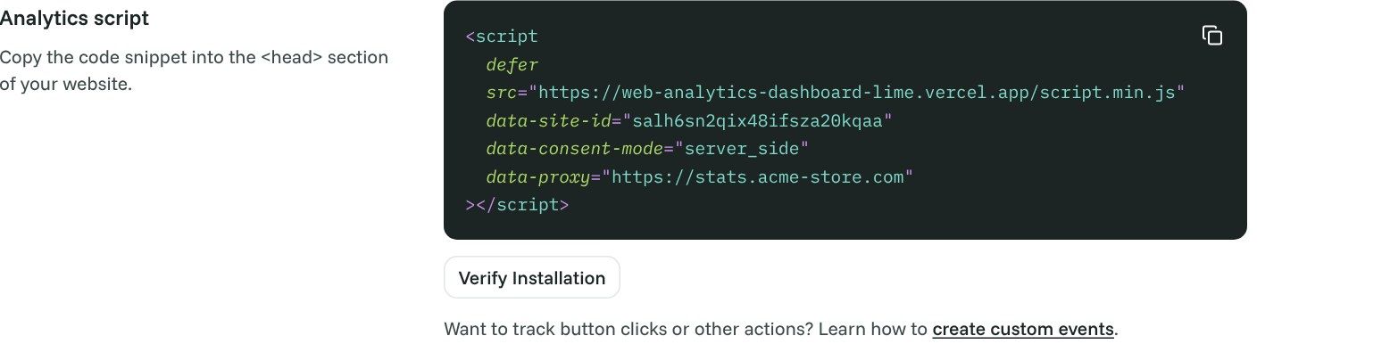 The Analytics script section with the new snippet, including data-proxy set to the custom tracking domain